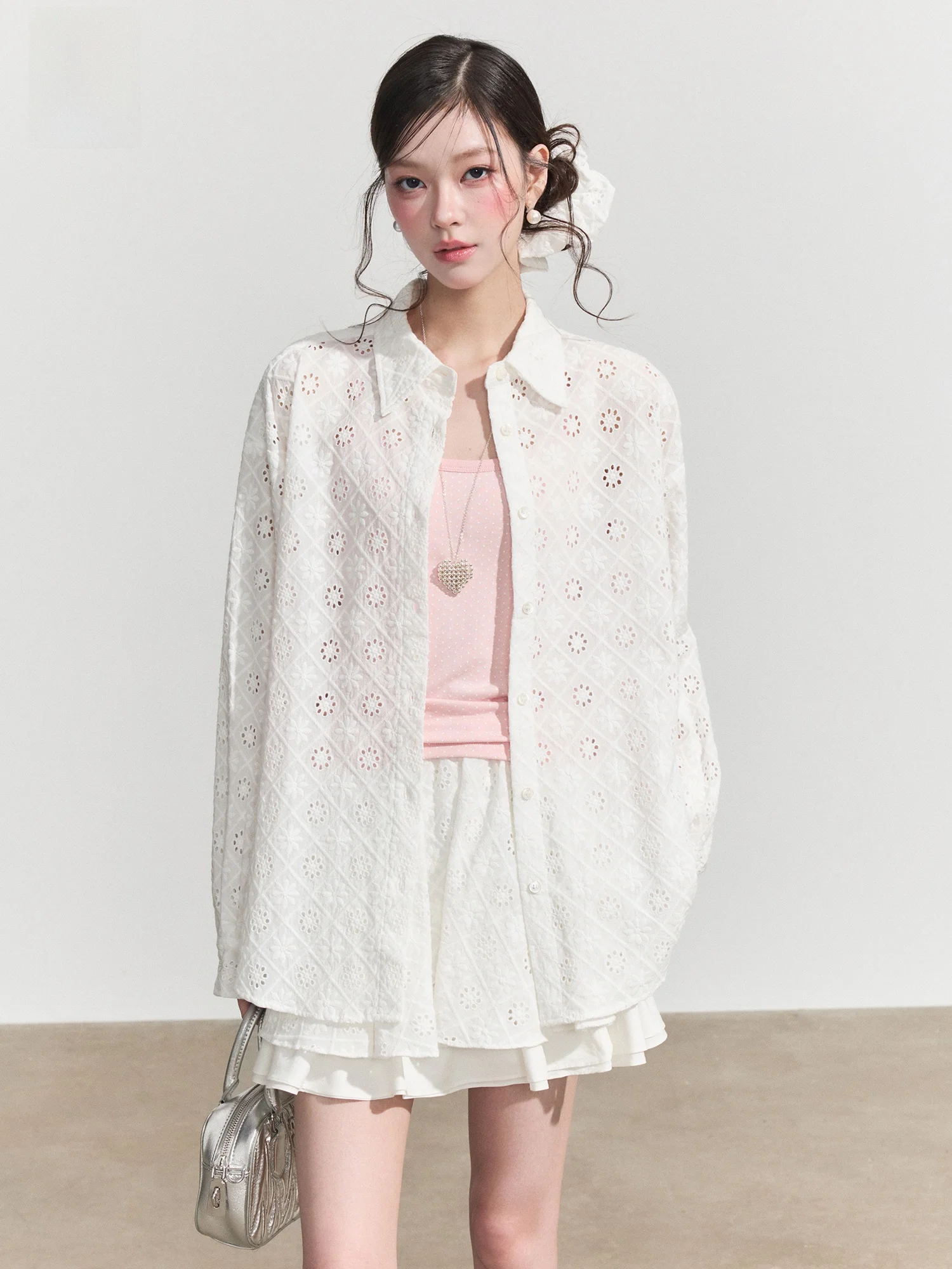 

Moster Timnothy Original Korean Style Hollow out Long Sleeve Shirt Top A-Line Skirt Slimming Fashion Set for Women