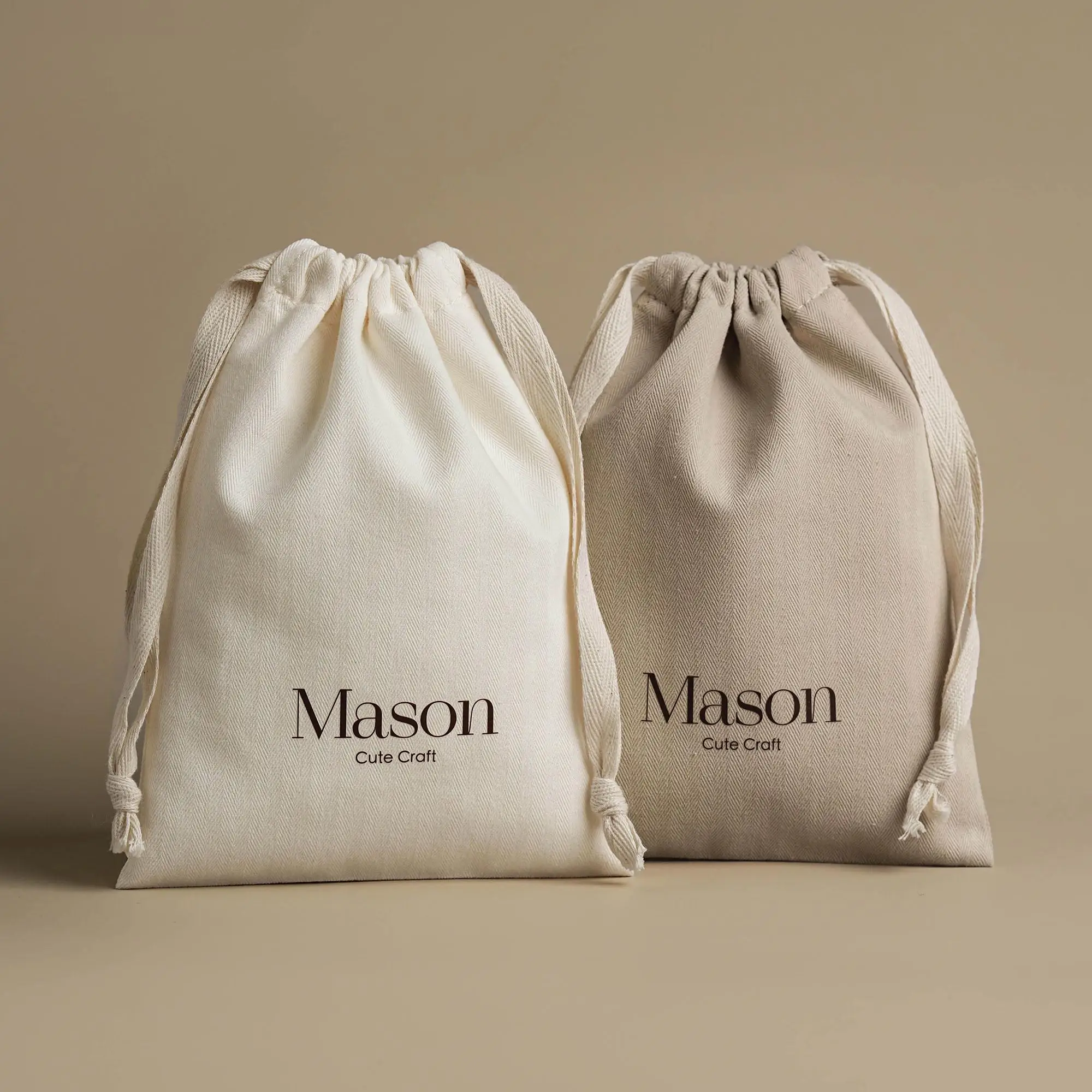 Beige Herringbone Cotton Drawstring Pouch with Custom Logo Jewelry Gift Dust Bag with Ribbon