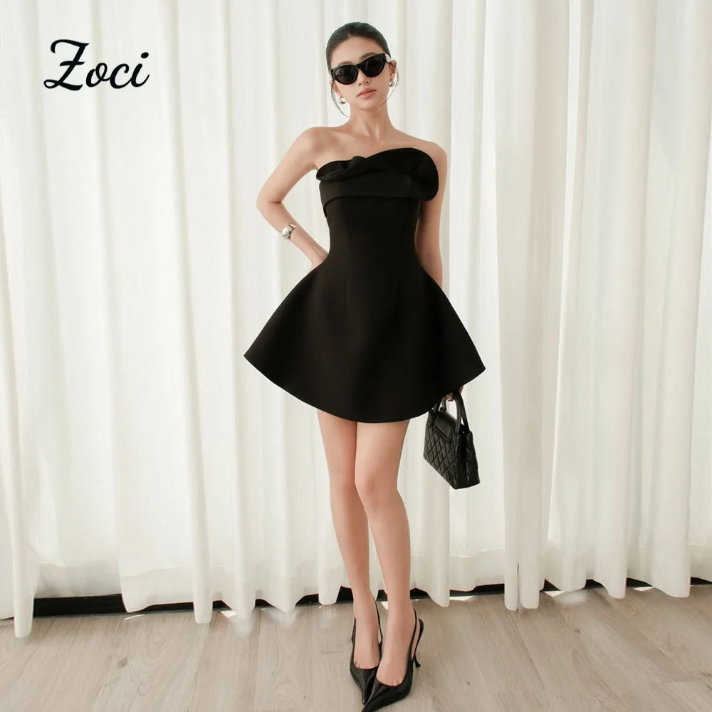 Zoci 블랙 매트 새틴 짧은 미니 댄스 파티 드레스 맞춤형 끈이 없는 한국 여성 공식 파티 가운 칵테일 나이트 클럽 드레스