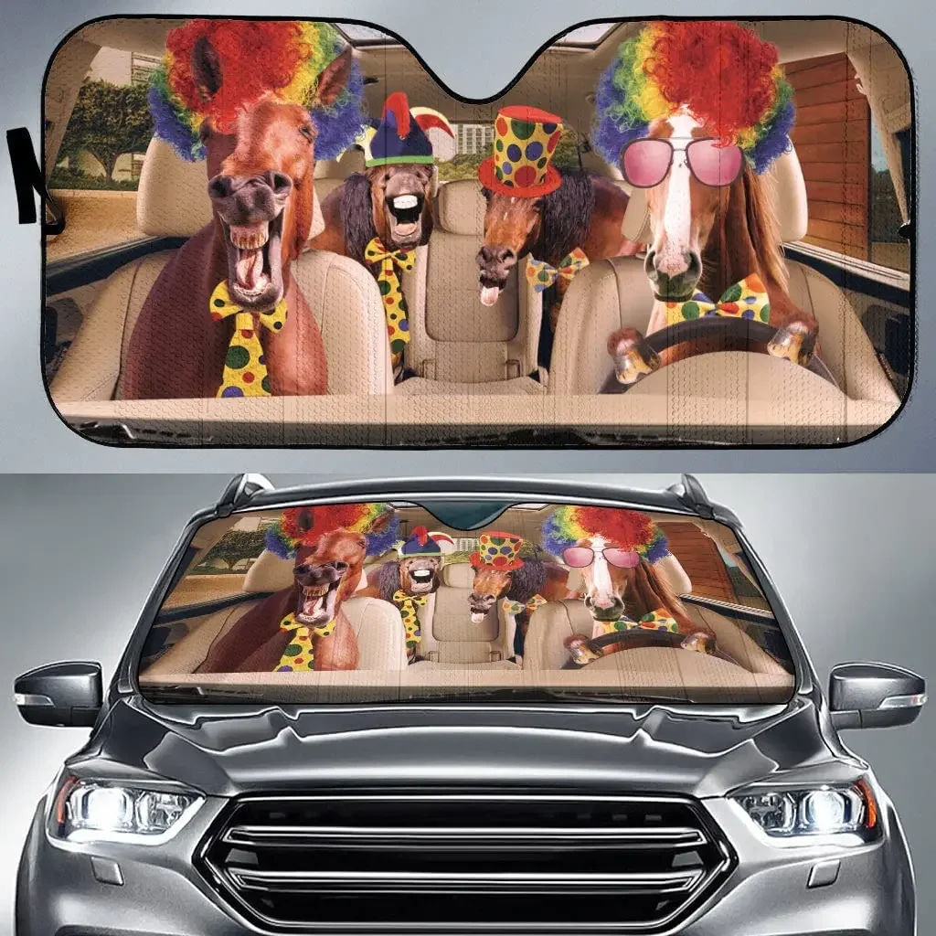 Funny Horses Clown Family Driving Car Sunshade, Horse Driving Auto Sunshade for Horse LoverCar Windshield Visor