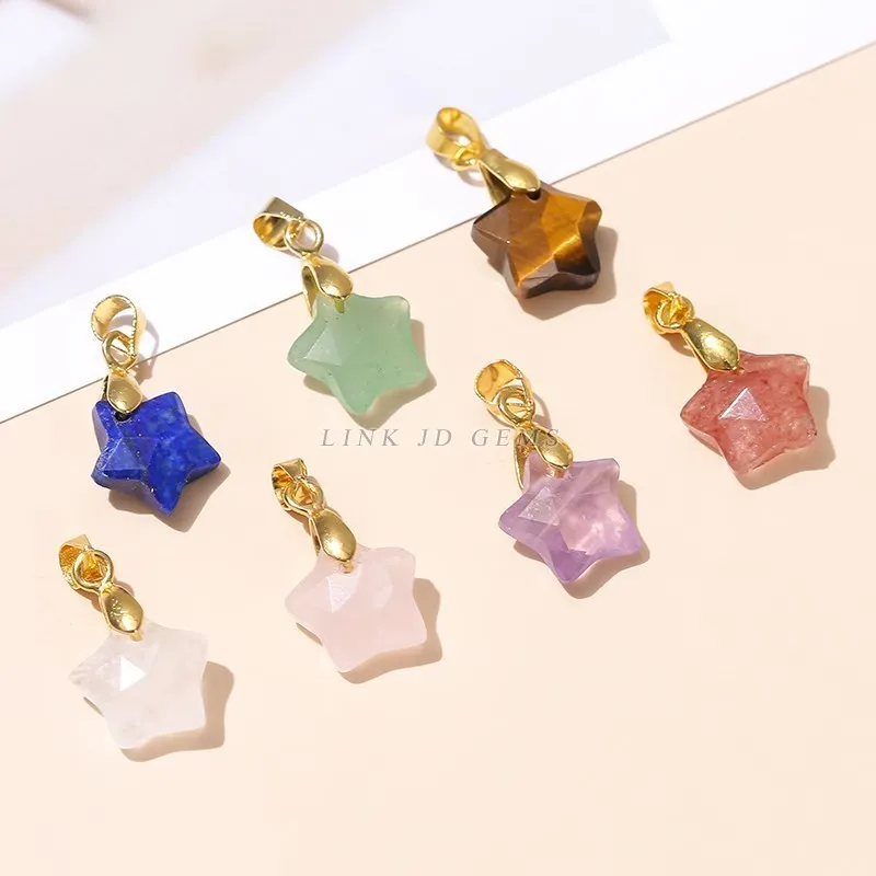 5 Pcs/lot Natural Faceted Star Shape Pendant 11mm Yellow Tiger Eye Pink Quartz Gold Charms For Jewelry Making Handmade Accessory