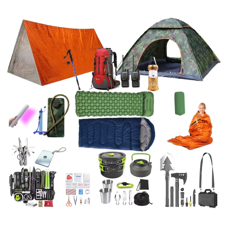 Custom 2-3 Person Professional Outdoor Survival Gear Kit 72 Hours Emergency Trip Hiking Backpack Sleeping Bag Tent Camping