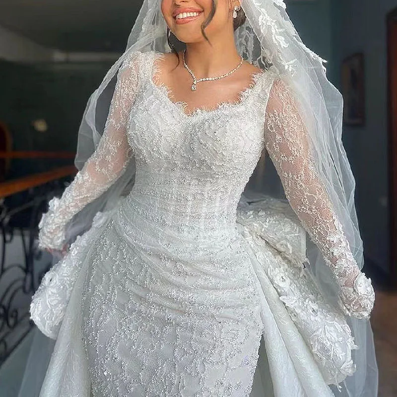 

Gorgeous Scoop Neck Luxury Crystals Mermaid Wedding Dress Chapel Train Long Sleeves Robe De Mariée Plus Size Flower Bridal Gowns