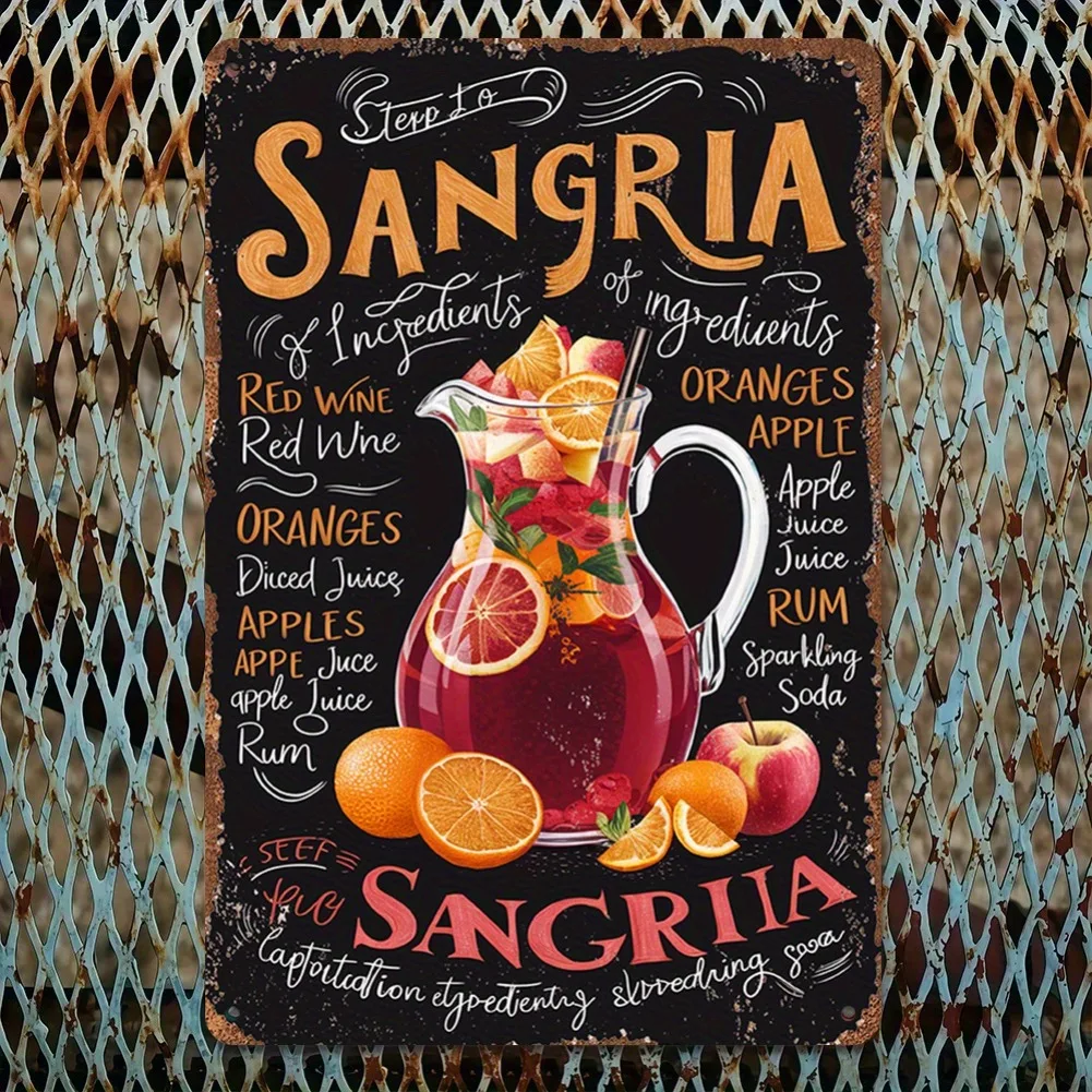 لافتة فنية جدارية معدنية مسطحة ثنائية الأبعاد، قطعة واحدة من وصفة سانجريا العتيقة - ديكور مطبخ ريفي مع توضيح المكونات، ديكور المنزل والبار