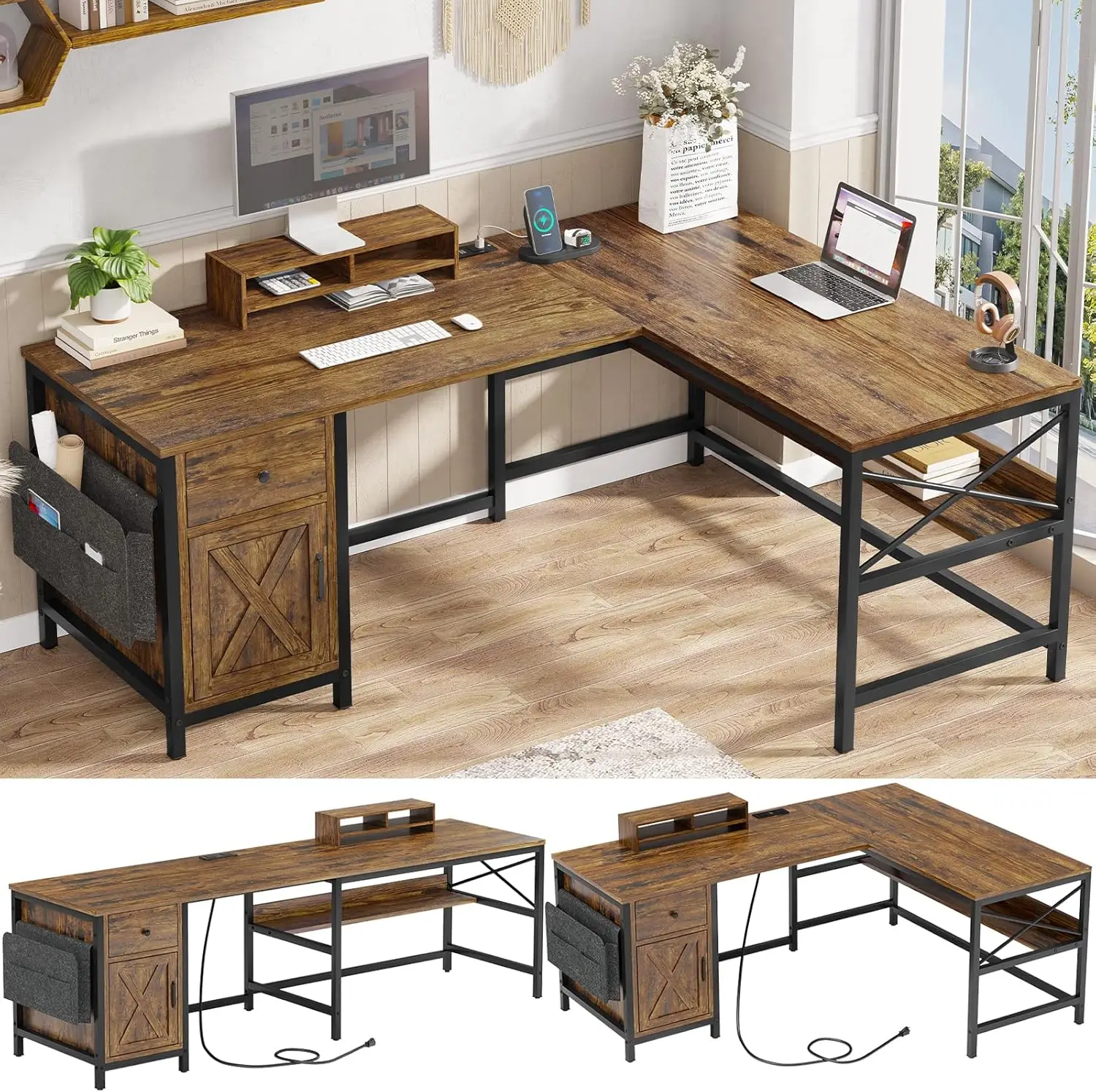 

63"" L Shaped Desk, Convertible Long Home Office Desk Or Corner Desk, Office Desk With Drawer & Power Strip, Computer Desk With