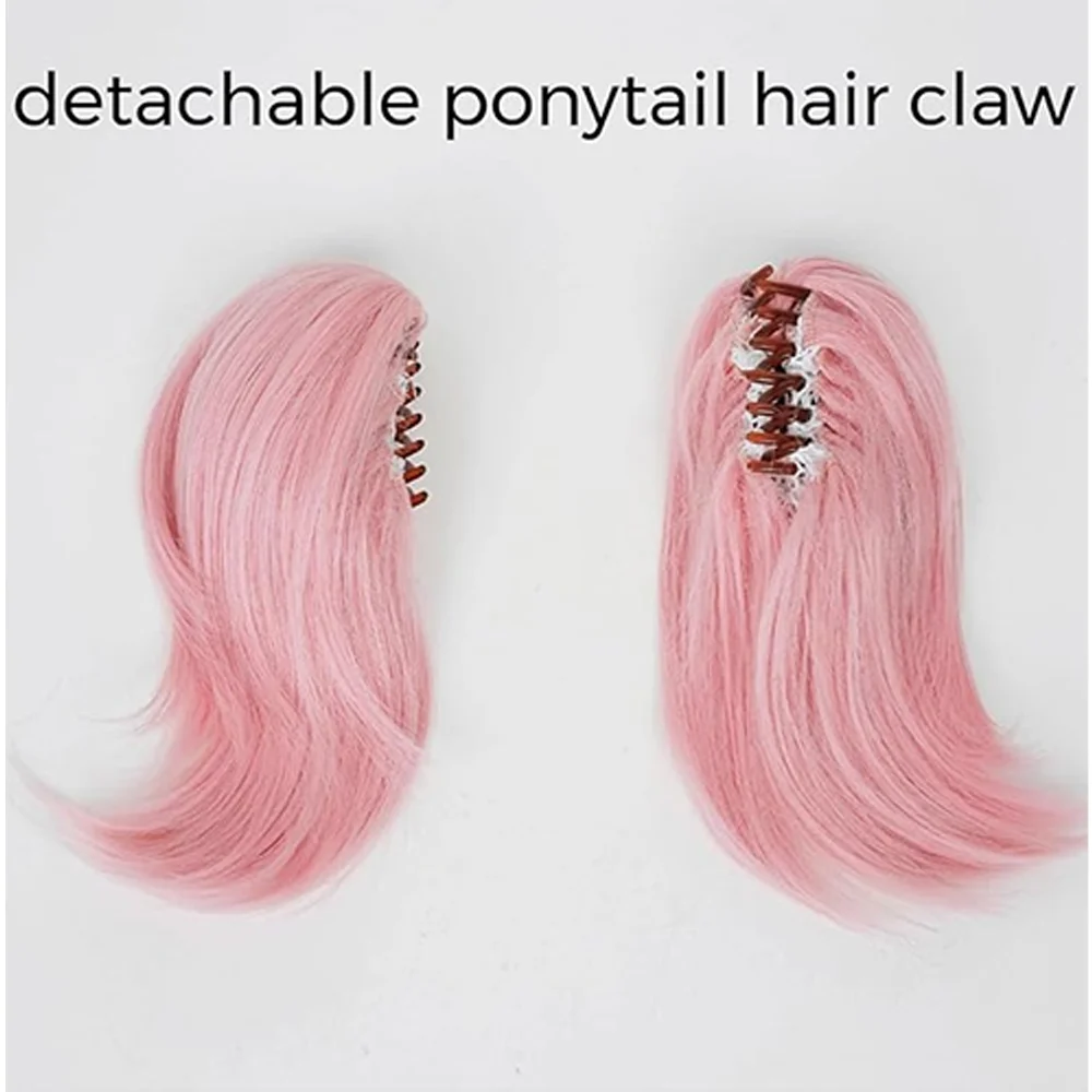 Madoka Kaname Cosplay Wig 10 Inches Short Pink Double Ponytail Heat Resistant Synthetic Hair For Halloween Party Daily Wear