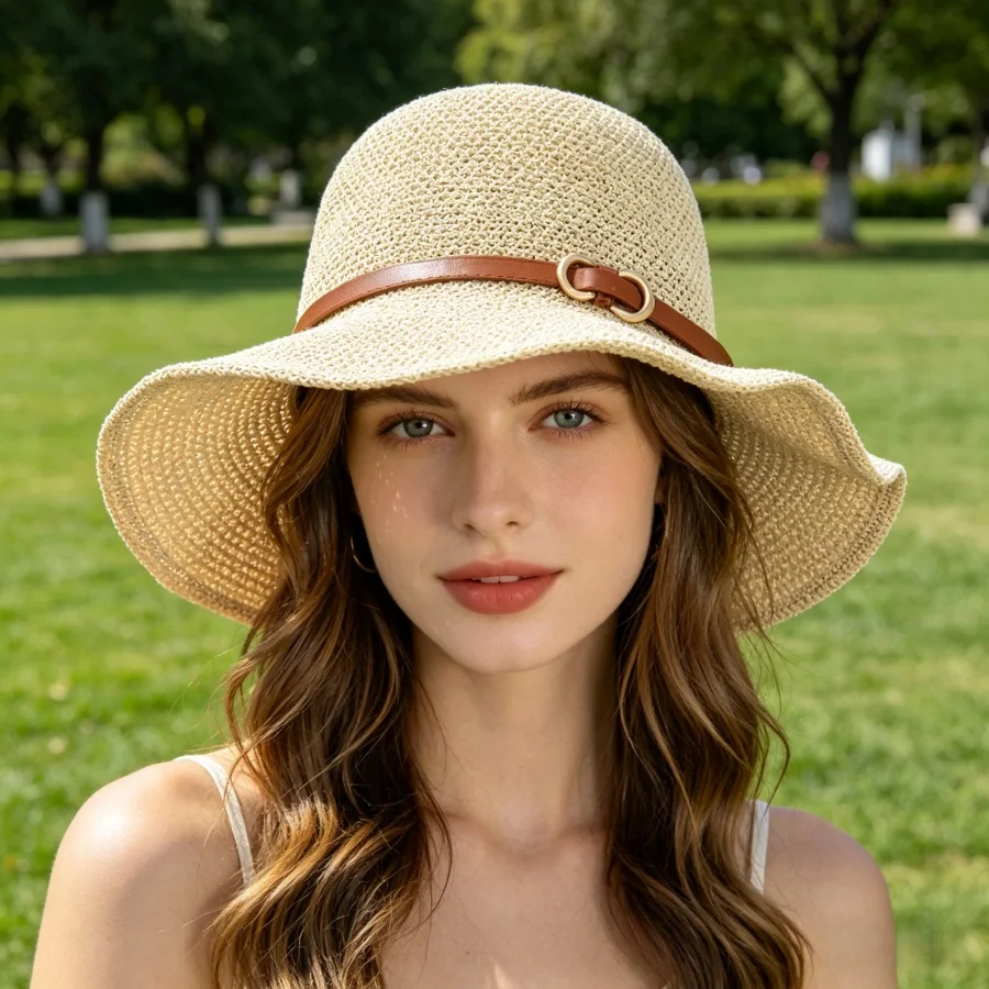 Simple Leather Buckle Wide-Brimmed Sunshade Straw Hat, Suitable for Women's Daily Commuting, Shopping, Travel, and Beach Use. Breathable Sun Protection Fisherman's Hat, Foldable and Easy to Store