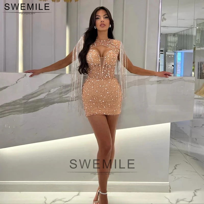 

SWEMILE Customized Full Diamond Tassel Short Sexy Homecoming Dresses Jewel Neck Cocktail Dresses Mini Mermaid Prom Party Gowns