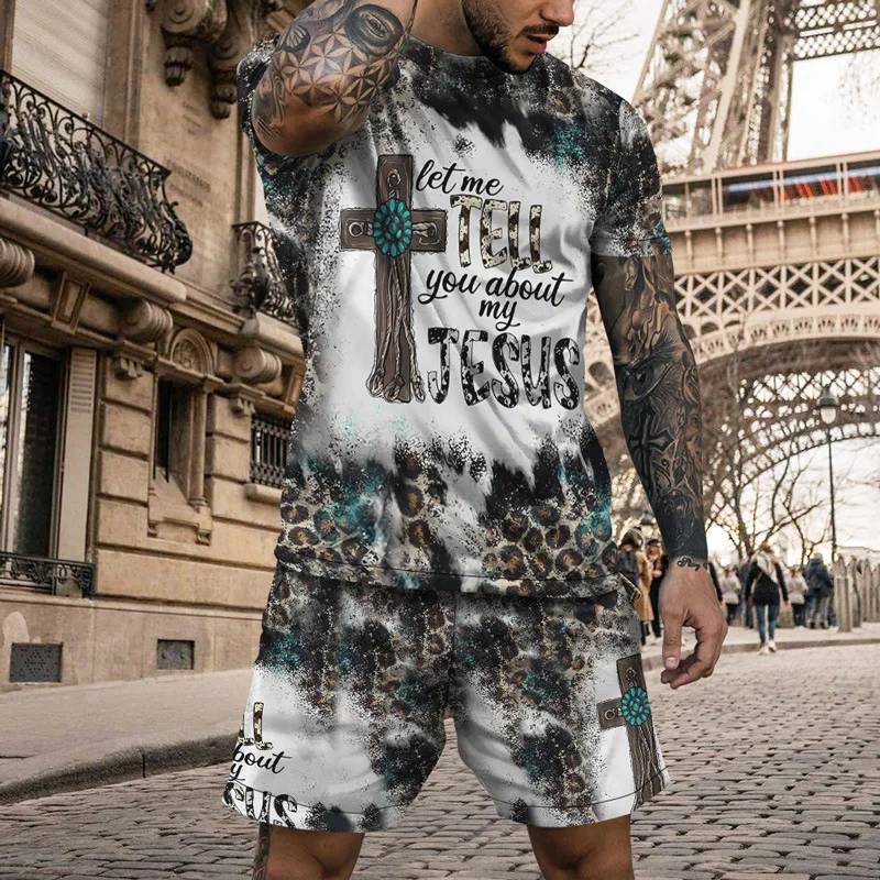 Fashion Men's Suit Summer Casual Breathable Refreshing Short Sleeve Printed 3D Cross Oversized Men's Top Y2K Style Tracksuit