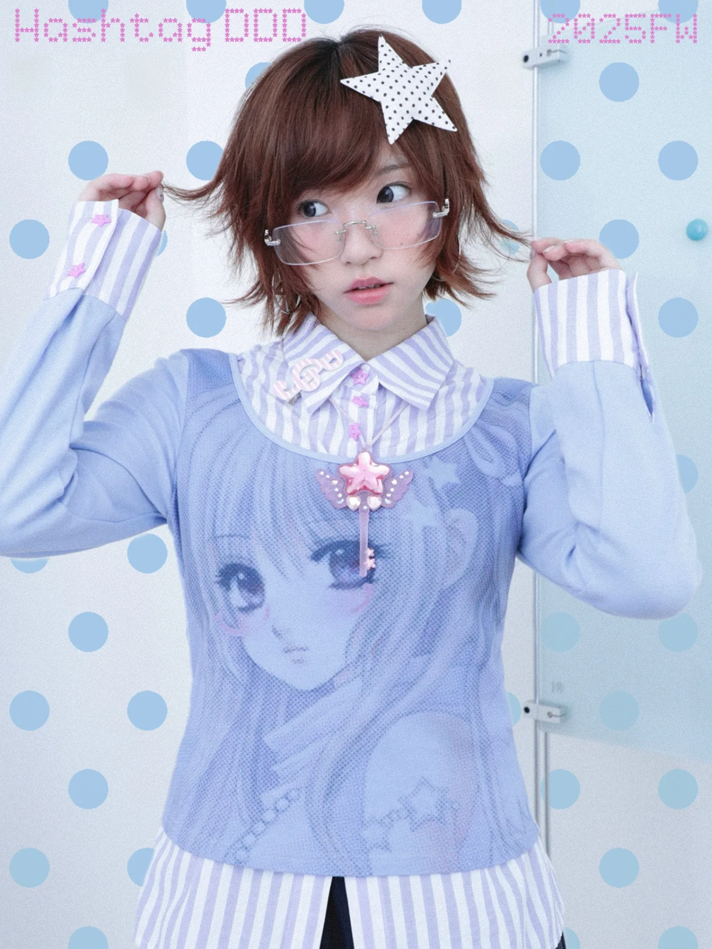 

Hatag DDD Original Millennium Stripe Slim Fit Long Sve Cartoon Girl Fake Two-Piece irt Top Sweet Sle Cotton Blend