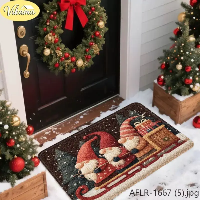 VIKAMA Christmas Gnomes on Sleigh Doormat Gifts Winter Forest Merry Welcome Mat Entryway Rug Front Porch Xmas Decor