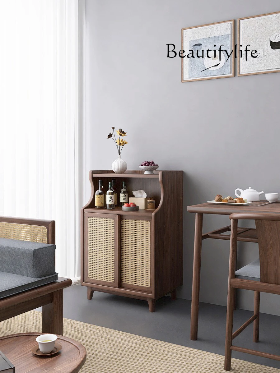 New Chinese Style Solid Wood Rattan Dining Side Locker Modern Simple Home Wall Storage Tea Cabinet