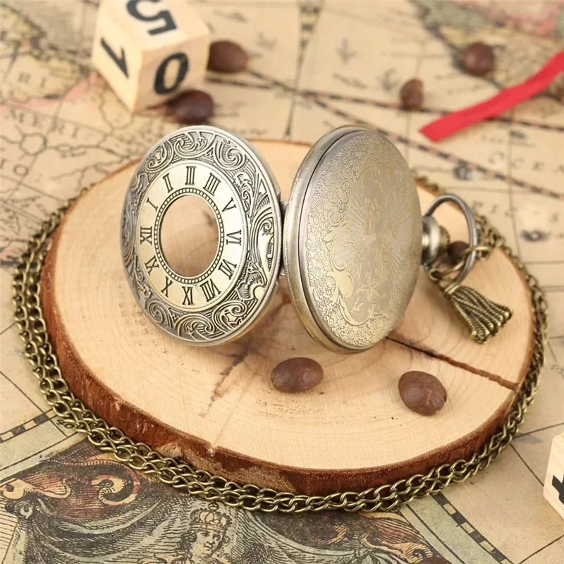 Old Fashion Pocket Watch Carved Roman Number Case Bronze Quartz Movement Timepiece Pendant Tassels Necklace Chain Gift