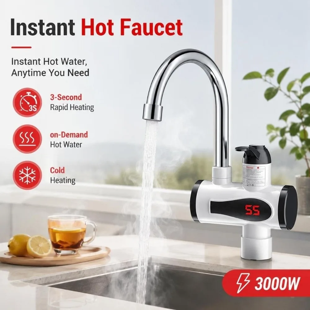 3秒で急速加熱、瞬時に温水が出る蛇口。3000wのタンクレス給湯器。必要な時に必要なだけ温水が出る。360°。-°-回転