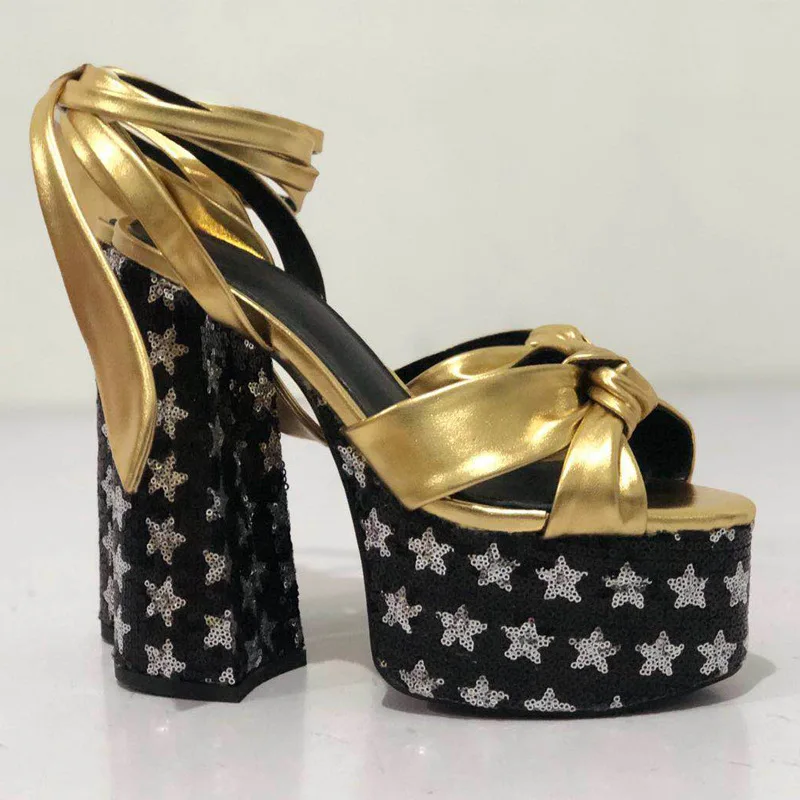 

Chunky Platform Fashion High Heels Bowknot Ankle Strap Women Shoes Summer Square Toe Fish Mouth Catwalk Sandals