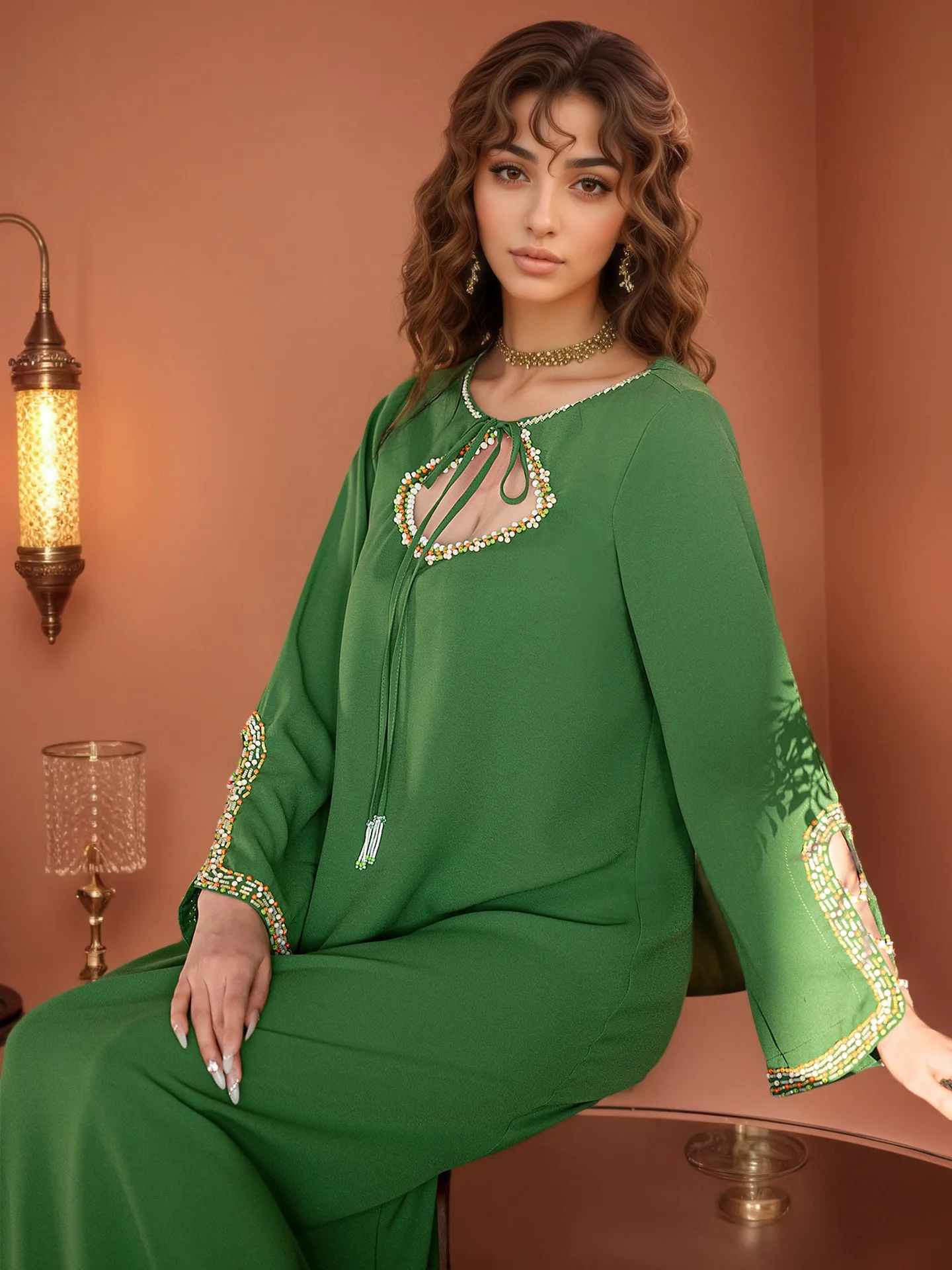 Vestido elegante musulmán con cuentas para mujer Abaya Dubai Kaftan Eid Djellaba Islam Jalabiya caftán marroquí bata para mujer Vestido Abbayas Abayo