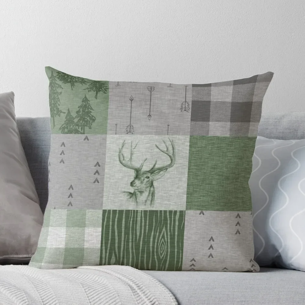 Rustic Deer Patchwork - Green/Grey Throw Pillow Sitting Cushion Christmas Covers Cushions Home Decor Pillow