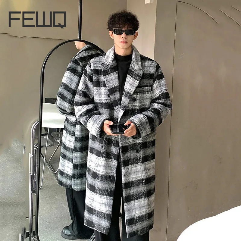 

FEWQ Korean Style Men's Wollen Coats Plaid Double Breasted Overknee Turn-down Collar Long Male Windbreaker New Autumn 24E2251