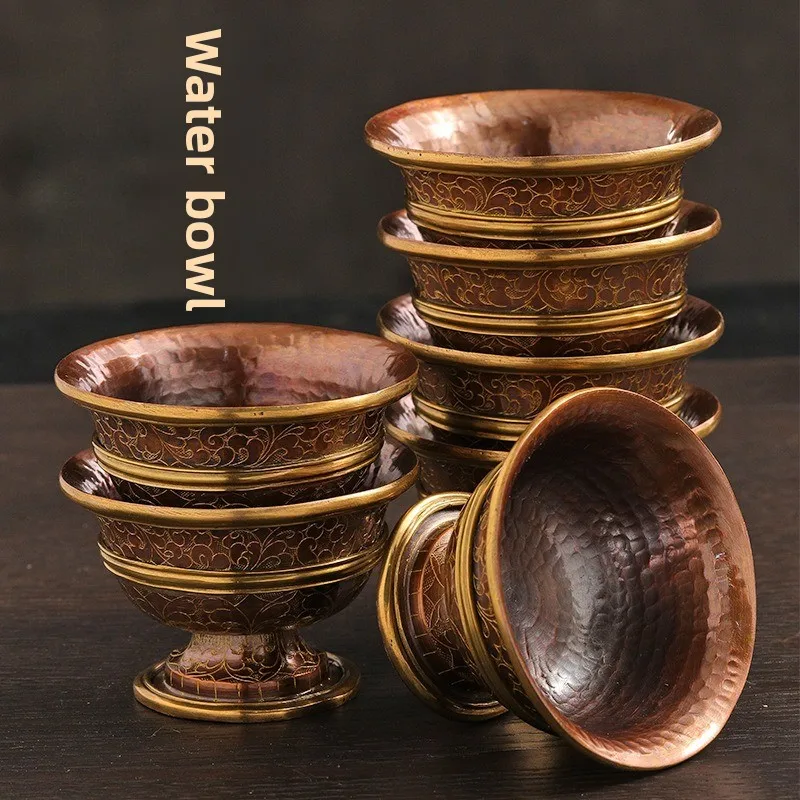 Minimalist Copper Offering Bowl Handmade Carved Rustproof Tall Pedestal Sturdy Drop Resistant Buddhist Ritual for Temple Decor