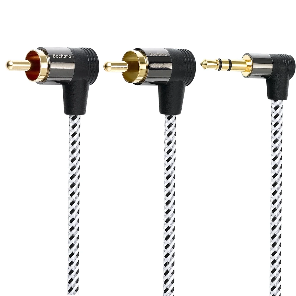 Bochara-cable de Audio trenzado chapado en oro de 90 grados, conector de 3,5mm a 2RCA OFC para altavoces, mezclador amplificador, 1,8 m, 3m, 5m, 10m