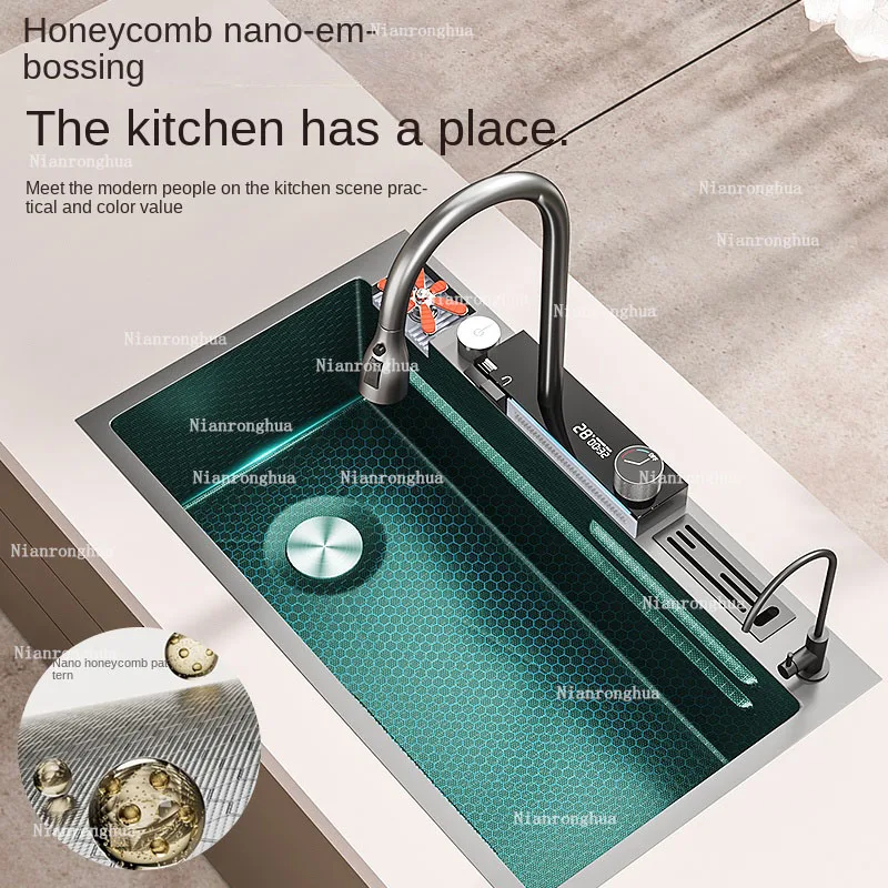 多機能家庭用洗面台,ハニカムフライ,レインカスケード,シングルシンク,304ステンレス鋼,デジタルディスプレイ,ハンドエンボス加工