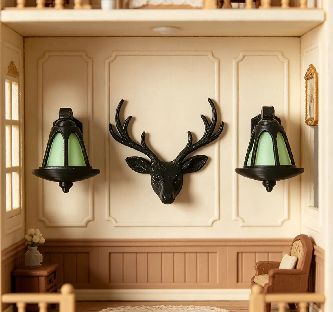 1:12 Scale Dollhouse Deer Head & Wall Lamp Set,Miniature Christmas Decor,Vintage European Fireplace Accessory for Diorama Scene