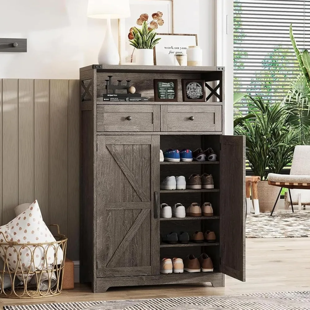 

5-Tier Shoe Cabinet with Doors, Farmhouse Storage Cabinet with 2 Drawers & Adjustable Shelves, Shoe Cabinet Storage for Entrywa