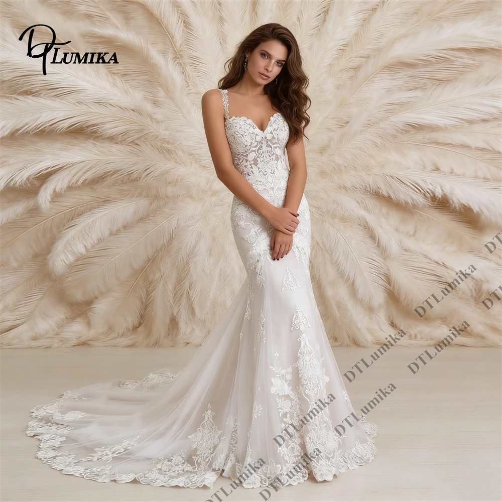 

Romantic Boho Women’s V - Neck Lace Bride Dress, Tulle Mermaid Bridal Gown Garden Outdoor Wedding Dresses Customized Size