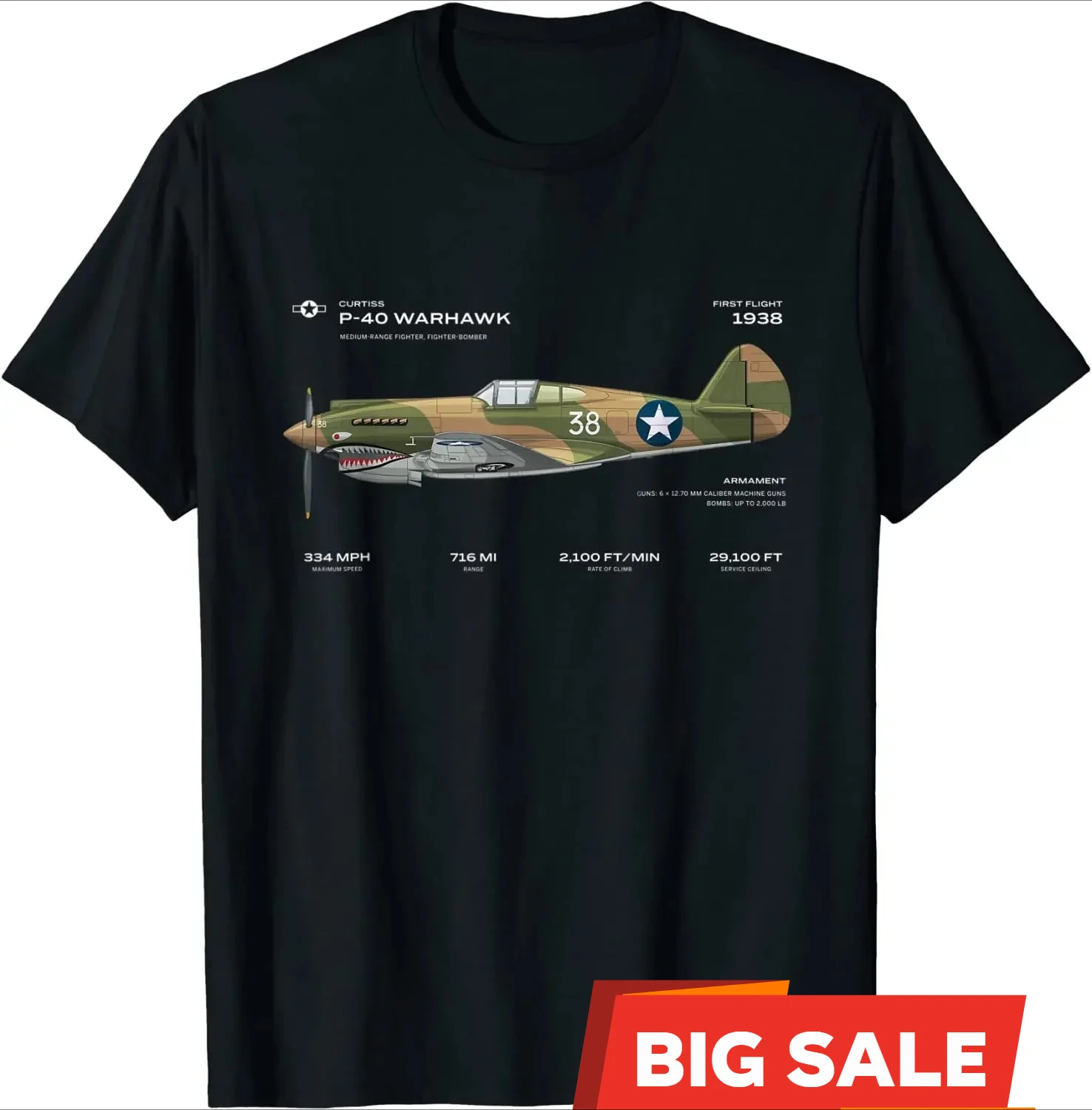 

P-40 Warhawk US WWII Airplane Historic War Bird Fighter Men T-Shirt Short Sleeve Casual Cotton O-Neck Summer Shirt