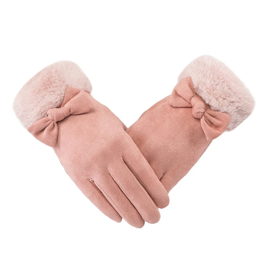 

1 Pair Touch Screen Gloves Suede Outdoor Glove Winter Woman Gloves Mittens Outdoor Travel Pink Fingertips Design