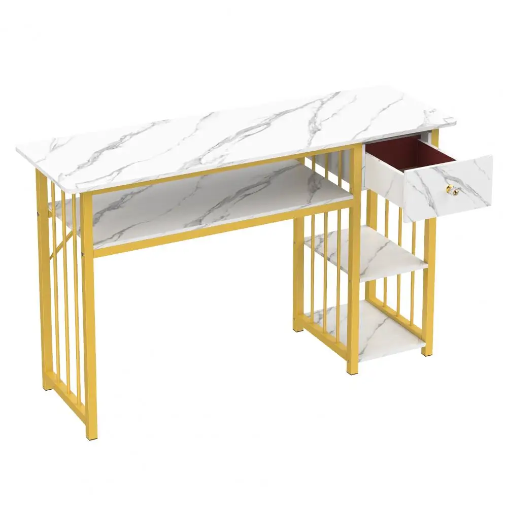 3-Tier Manicure Table with 1 Drawer And 2 Large Tops Marble Textured Nail Desk with Gold Metal Frame Thick Plates for Salon Home