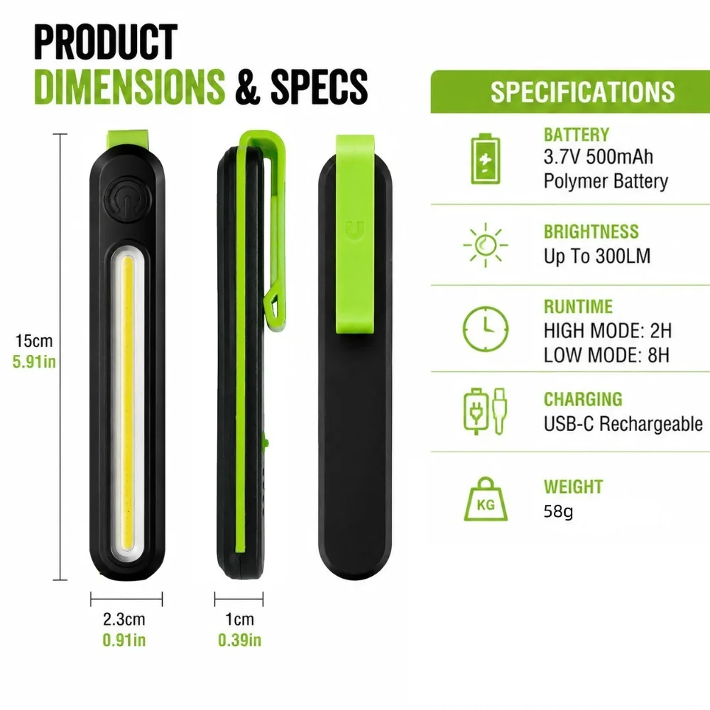 Portable Pen Shape UV LED Work Flashlight USB Fast Rechargeable Waterproof Pocket Torch for Auto Repair Machinery Inspection