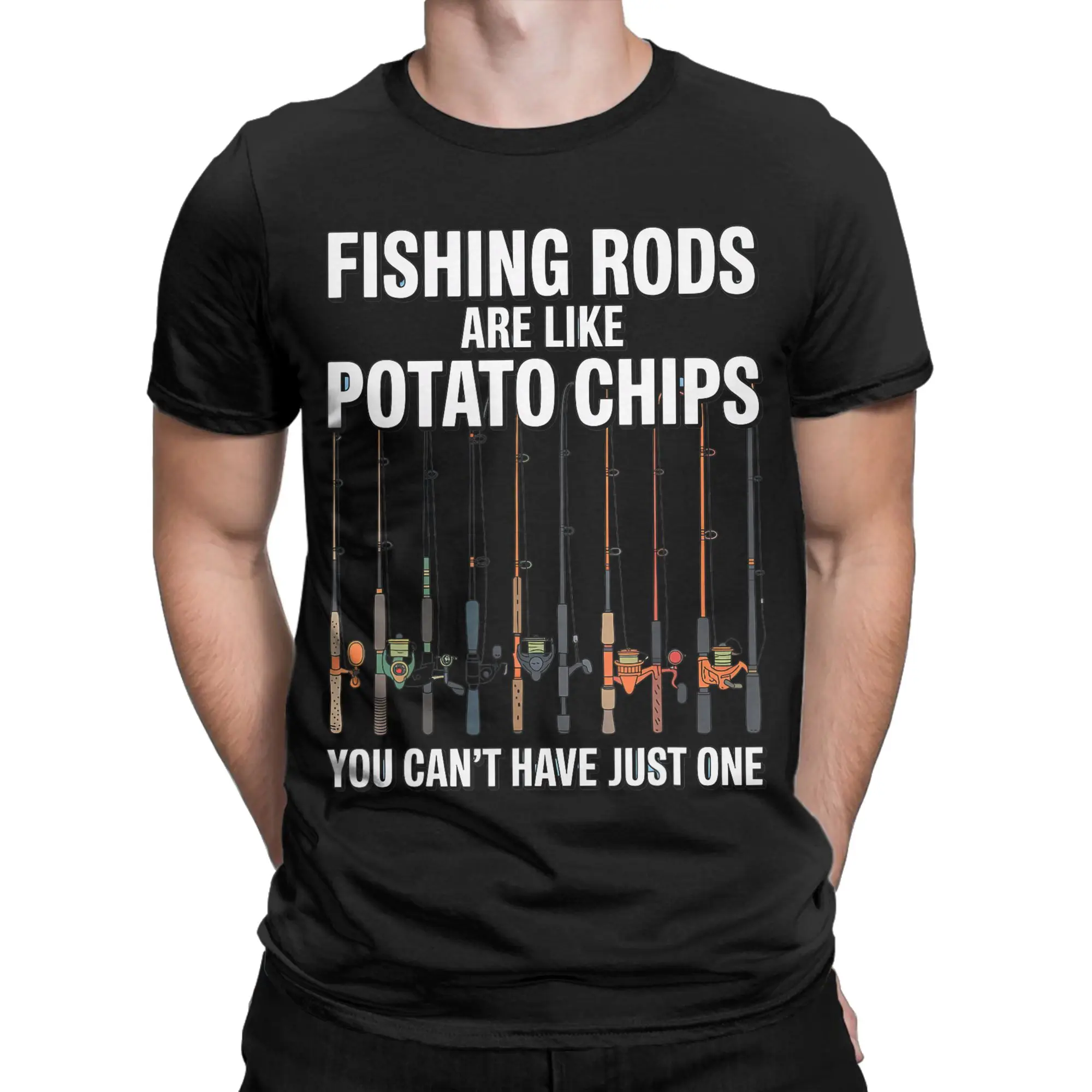 Fishing Rods Are Like Potato Chips Men's T Shirt  Funny Tees Short Sleeve O Neck T-Shirt Pure Cotton Gift Idea Clothing