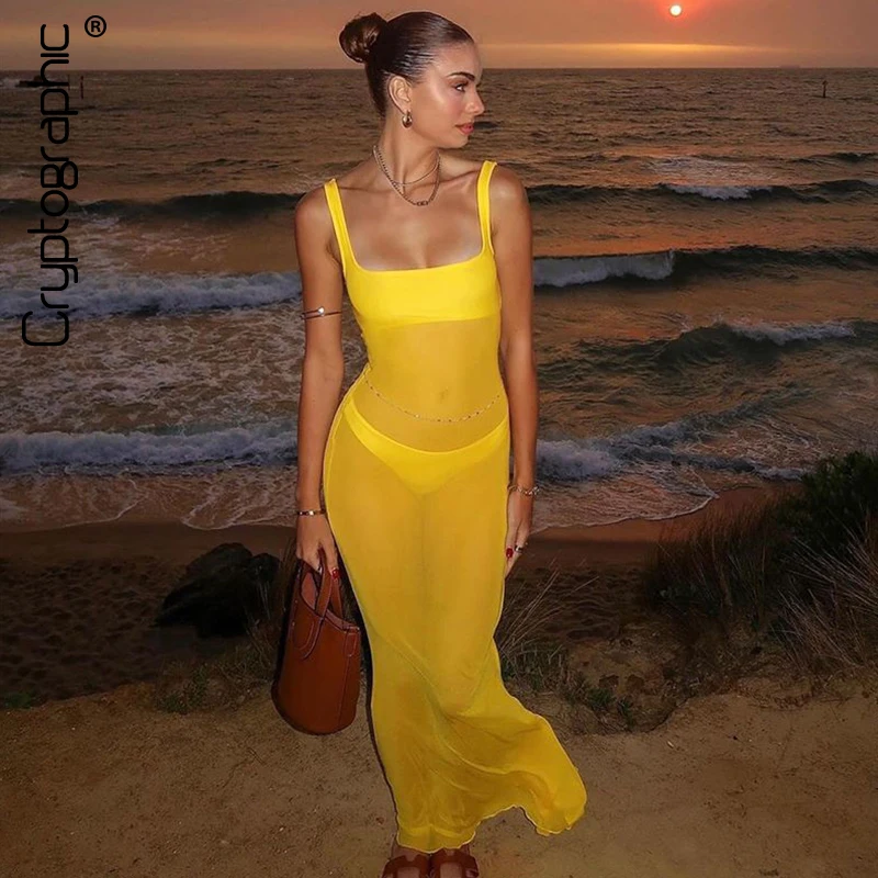 Cryptographic Square Neck Mesh See Through Maxi Dress Backless for Women Holiday Beach Tulle Dresses Summer Outfits Solid Robe