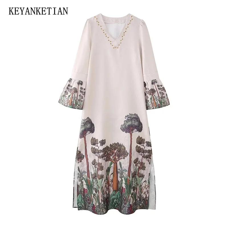 

KEYANKETIAN 2024 New Launch Holiday wind Beading Decoration Positioning Printed MIDI Dress Women's Side Split Loose Dresses