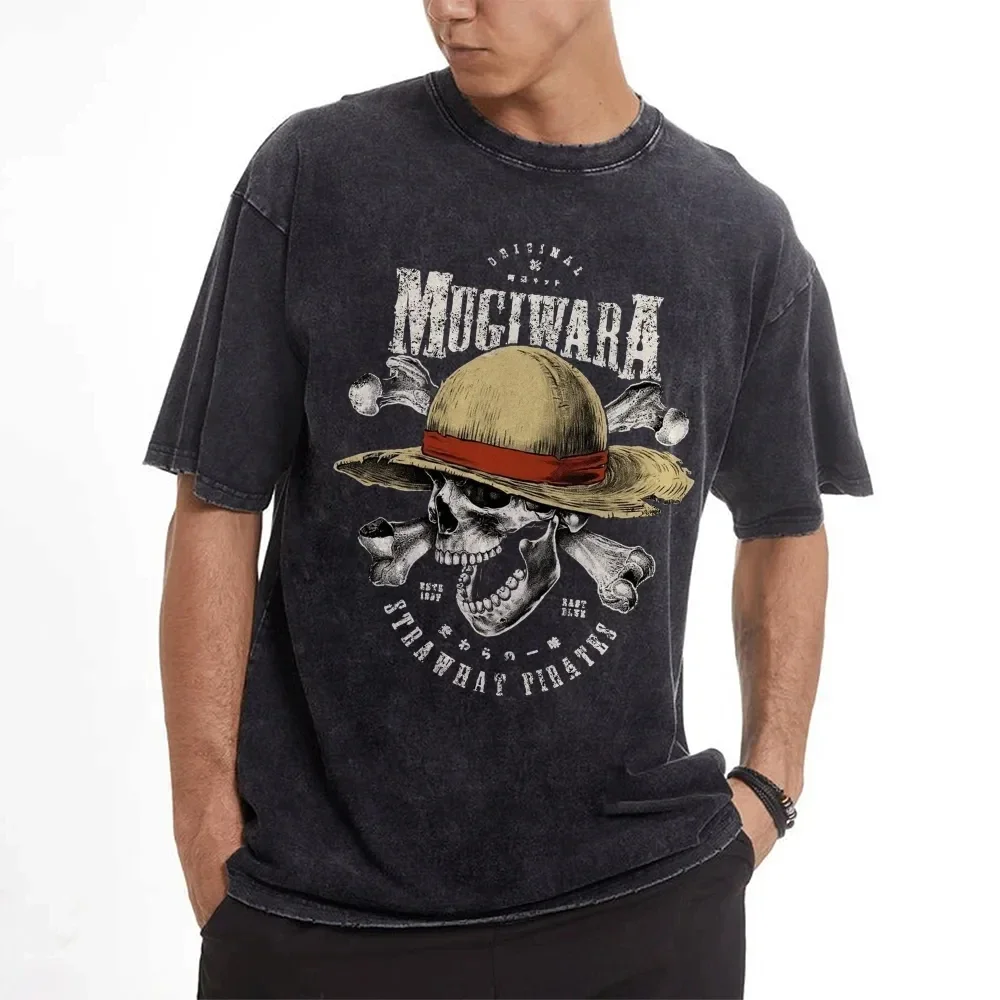 

ONE PIECE Промытая одежда для пар Луффи с коротким рукавом Спортивная удобная летняя популярная одежда с короткими рукавами и половиной рукава Популярный топ