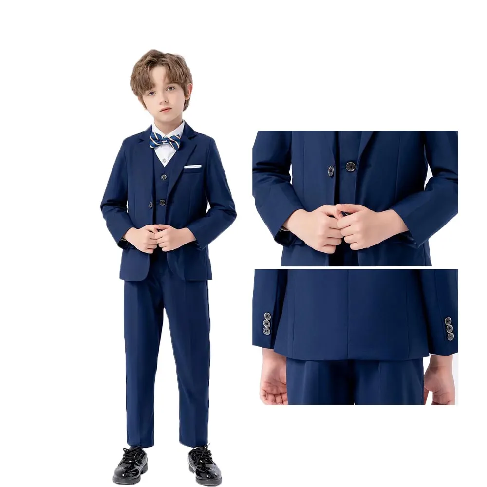 90-170 Kids Blue 4Pieces/Set Jacket Vest Pant Bowtie Blazer Children Spring Photography Dress Flower Boys Wedding Party Suit