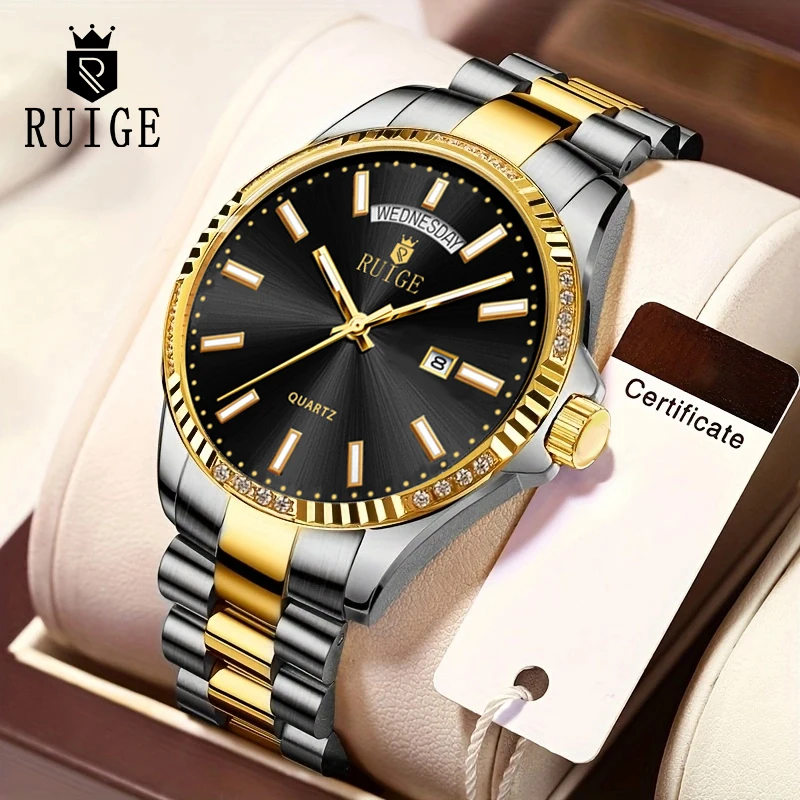 

RUIGE Original Authentic Stainless Steel Men's Watch Luxury Gold Waterproof Night Glow Business Men's Watch