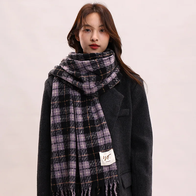 Purple Yam Luxury Scarf for Women, Winter Korean Style Versatile Plaid Shawl, Soft and Retro Warm Neck Warmer