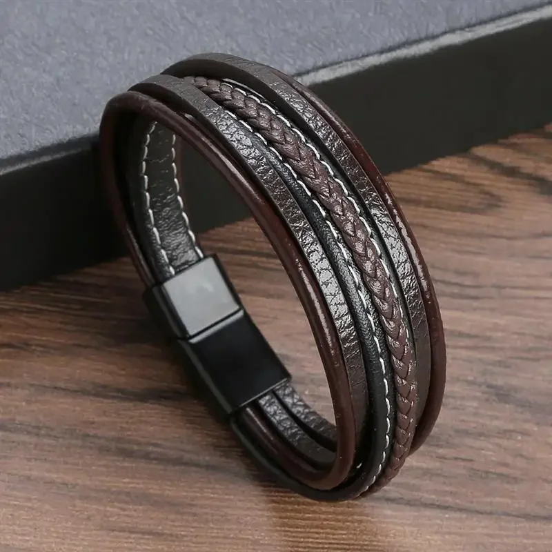 Fashion New style hand-woven multi-layer combination accessory stainless steel men's leather bracelet classic gift big sale