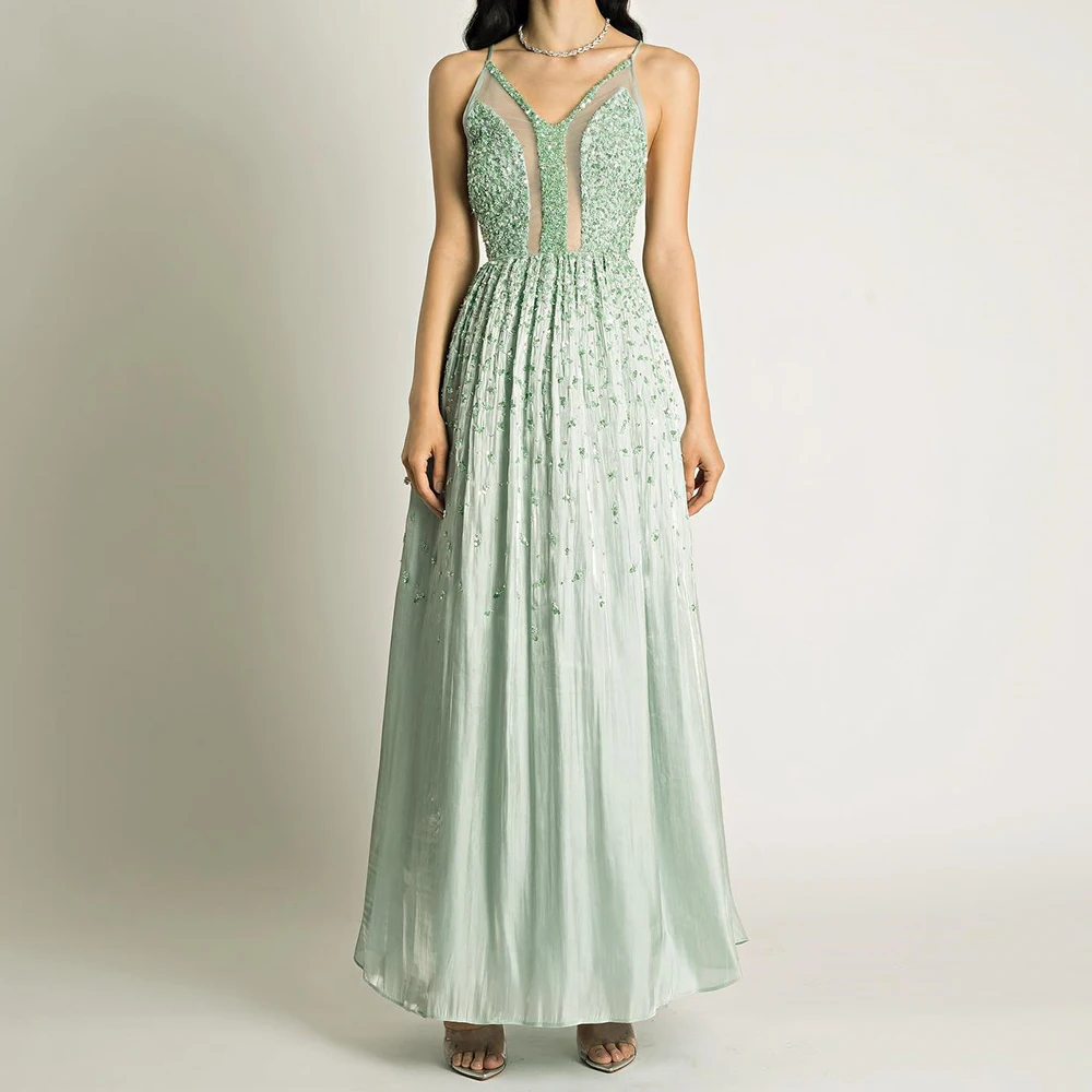 Customized Formal Jersey A-Line Spaghetti Straps Sequined and Crystal Evening Dress Strapless Lace Up Back Sleeveless Sexy