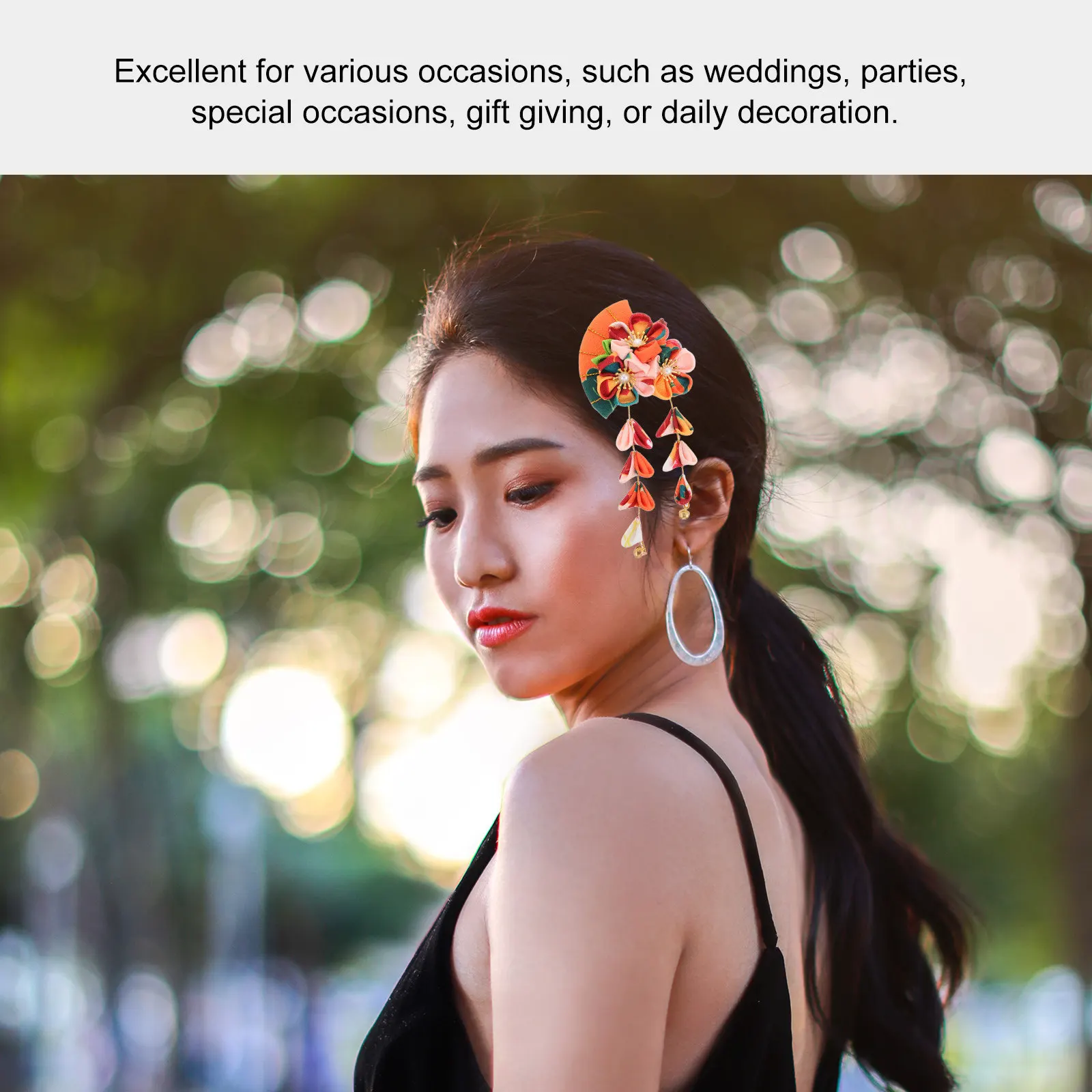 Japanese Kimono Hair Accessory Handmade Fan Clip with Delicate Fabric Flowers Tassels Elegant Hairpin for Hanfu Traditional
