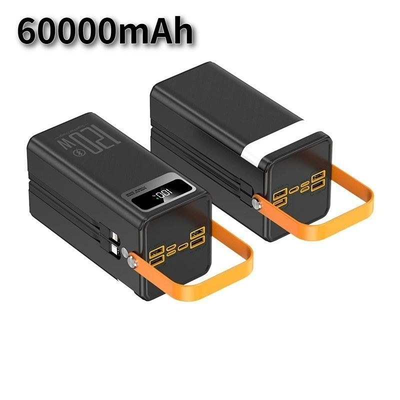 

120 Вт Power Bank с быстрой зарядкой, 60000 мАч, большая емкость, 4 выхода, 3 входа, 2 встроенных кабеля, перезаряжаемый портативный источник питания