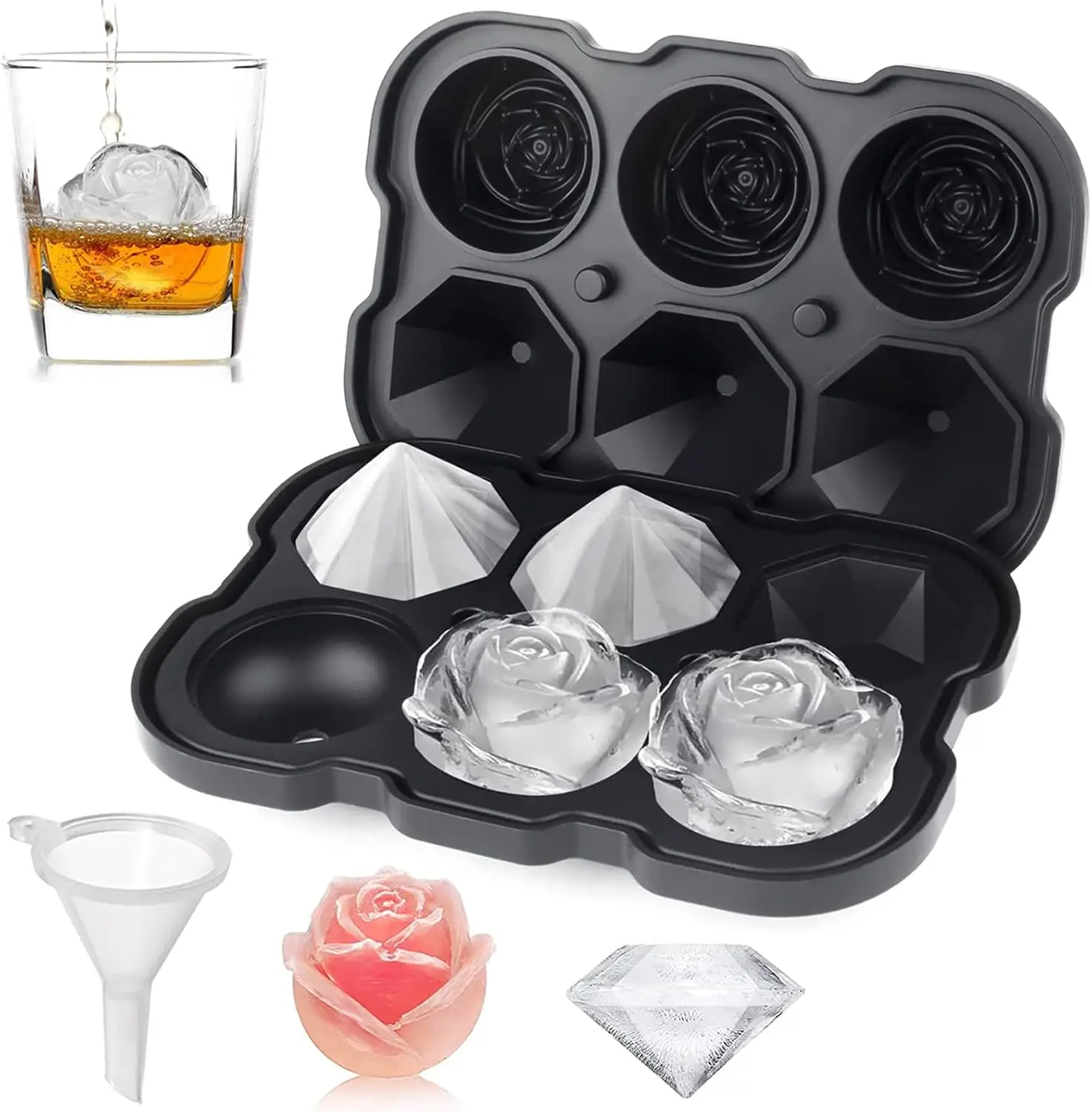 

2 inch Rose & Diamond Ice Cube Trays with Covers, Silicone Ice Molds for Cocktails, Whiskey, Juice, Easy Release, BPA Free, Black