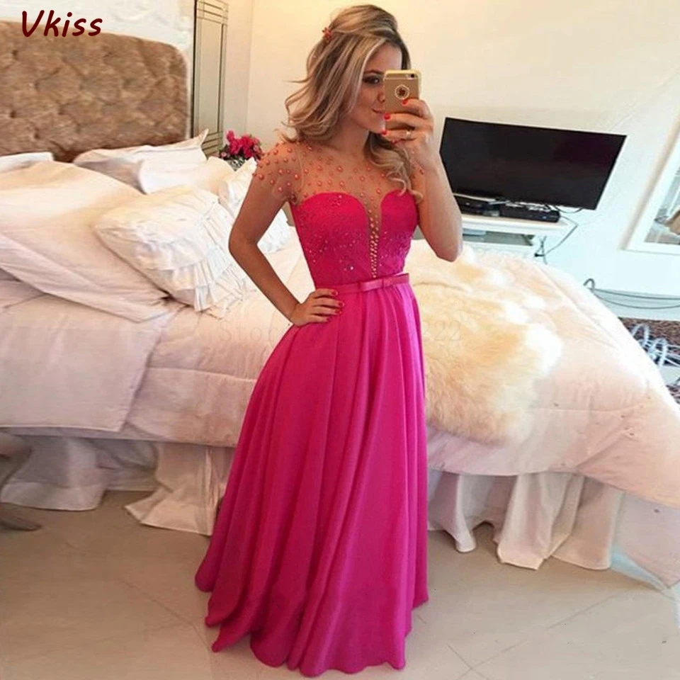 Vkiss Pink Illusion Prom Dresses 2022 Women Elegant Party Night Beading Pearls Long Vestidos Gala Chiffon Summer Robe Evening