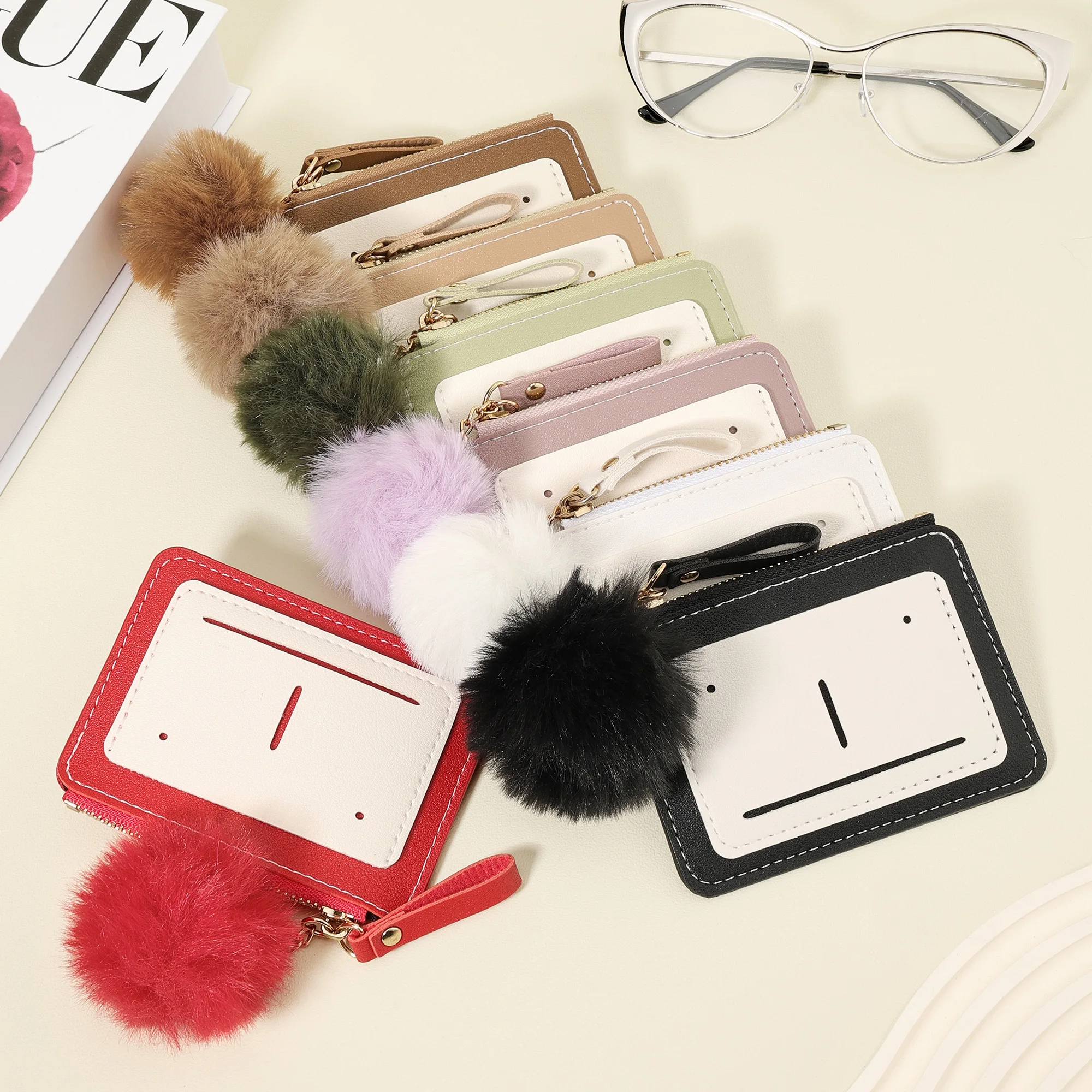 미니 패션 신용카드 홀더, 초슬림 동전 지갑, 여성용 캐주얼 핸드백, 섬세한 폼폼 장식, 고품질