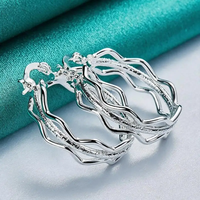 2Pcs Women Fashion Gift Accessories Charm Silver 27mm Exquisite Triple Layer Wave Hollow Earrings Party Jewelry