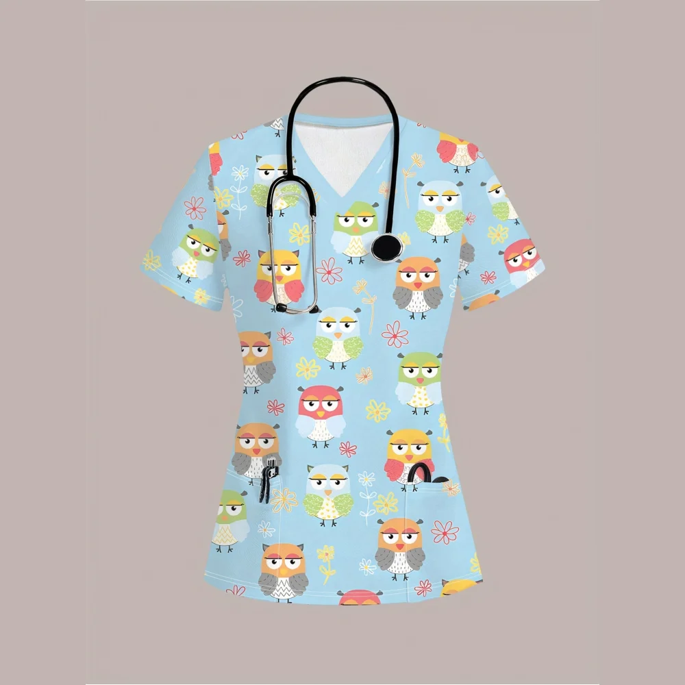 ممرضة موحدة امرأة الحيوان نمط الطباعة مريحة الطبيب البيطري فرك موحدة موضة قصيرة الأكمام مع جيب موحدة ممرضة امرأة #1