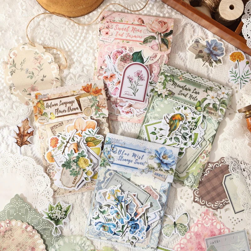 100 Sheets Mixed Set Vintage Scrapbook Paper & Stickers Journal DIY Craft Supplies