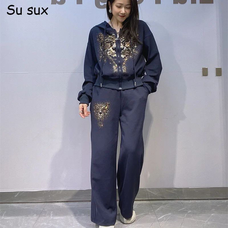 الترتر ليوبارد رئيس نمط مستقيم بانت مجموعات 2 قطعة امرأة Y2k الملابس عادية سستة قمصان سويت شيرت بقلنسوة مطابقة مجموعات أبلى